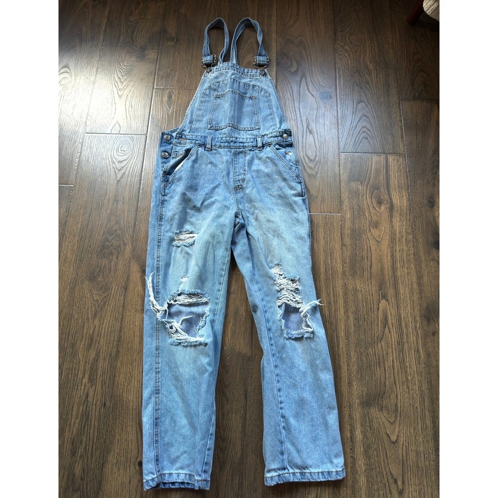 Wild Fable Light Wash Distressed Denim Overalls Straight Leg Blue XS